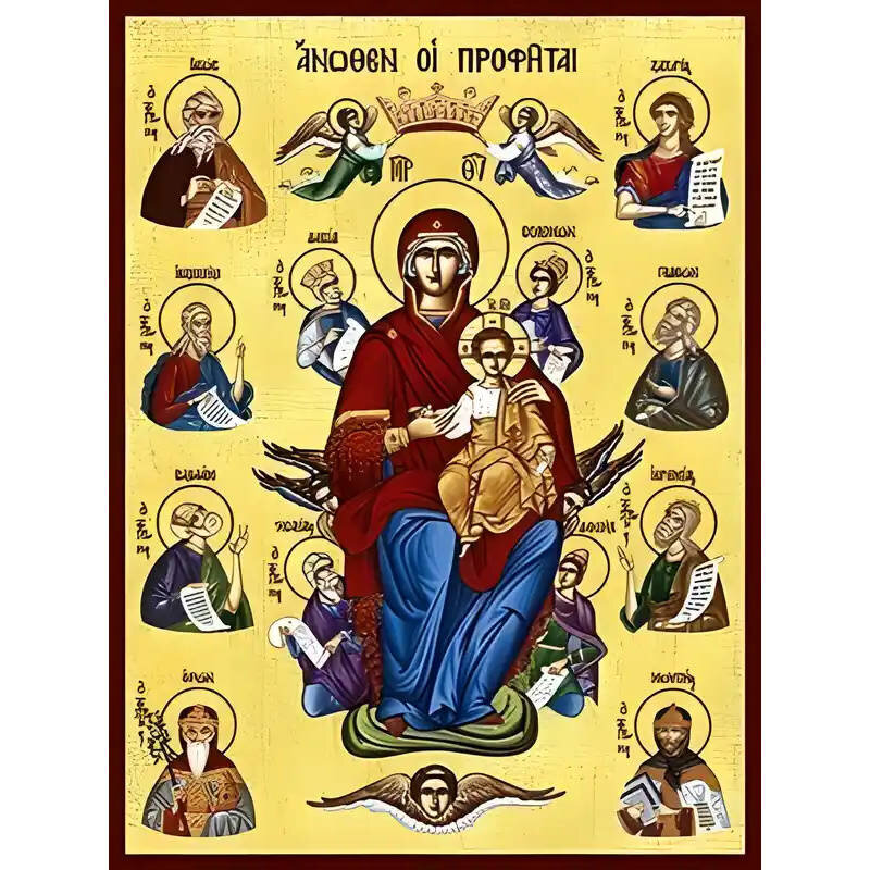 Εικόνα Ορθοδοξίας με περίγραμμα χρυσό σε ξύλο Φλαμουρίας  με  βάση Εικόνα ΠΑΝΑΓΙΑ ΜΕ ΧΡΙΣΤΟ, ΕΝΘΡΟΝΗ, ΑΝΩΘΕΝ ΟΙ ΠΡΟΦΗΤΑΙ Χειροποίητη Ελληνορθόδοξη εικόνα του Ιησού Χριστού, Κρεμαστή πλάκα βυζαντινής τέχνης, χριστιανική τέχνη Διάσταση 15x11 cm (5,9x4,3 ίντσες)  INTRAEK-337757864287