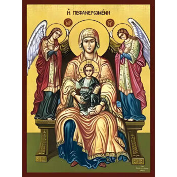 Εικόνα Ορθοδοξίας με περίγραμμα χρυσό σε ξύλο Φλαμουρίας  με  βάση Εικόνα ΠΑΝΑΓΙΑ ΜΕ ΧΡΙΣΤΟ, ΕΝΘΡΟΝΗ, ΠΕΦΑΝΕΡΩΜΕΝΗ ΛΕΥΚΑΔΟΣ Χειροποίητη Ελληνορθόδοξη εικόνα του Ιησού Χριστού, Κρεμαστή πλάκα βυζαντινής τέχνης, χριστιανική τέχνη Διάσταση 15x11 cm (5,9x4,3 ίντσες)  INTRAEK-337757864286 - Image 1