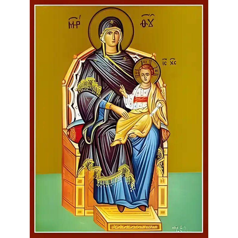Εικόνα Ορθοδοξίας με περίγραμμα χρυσό σε ξύλο Φλαμουρίας  με  βάση Εικόνα ΠΑΝΑΓΙΑ ΜΕ ΧΡΙΣΤΟ, ΕΝΘΡΟΝΟΣ Χειροποίητη Ελληνορθόδοξη εικόνα του Ιησού Χριστού, Κρεμαστή πλάκα βυζαντινής τέχνης, χριστιανική τέχνη Διάσταση 15x11 cm (5,9x4,3 ίντσες)  INTRAEK-337757864285