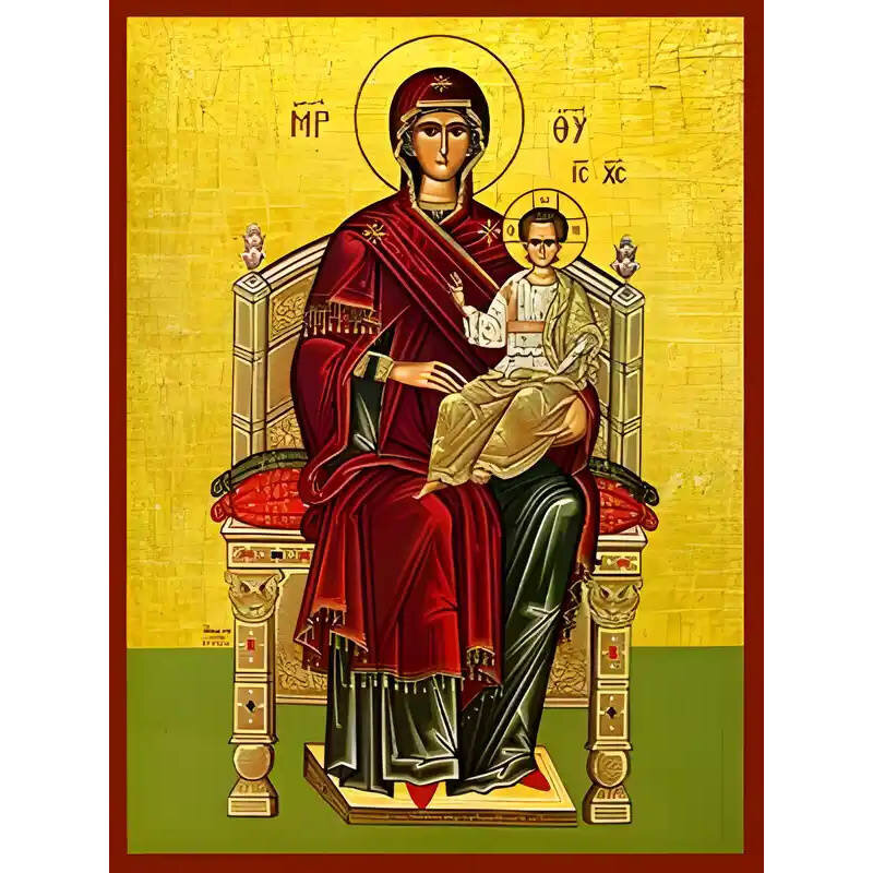 Εικόνα Ορθοδοξίας με περίγραμμα χρυσό σε ξύλο Φλαμουρίας  με  βάση Εικόνα ΠΑΝΑΓΙΑ ΜΕ ΧΡΙΣΤΟ, ΕΝΘΡΟΝΟΣ Χειροποίητη Ελληνορθόδοξη εικόνα του Ιησού Χριστού, Κρεμαστή πλάκα βυζαντινής τέχνης, χριστιανική τέχνη Διάσταση 15x11 cm (5,9x4,3 ίντσες)  INTRAEK-337757864283