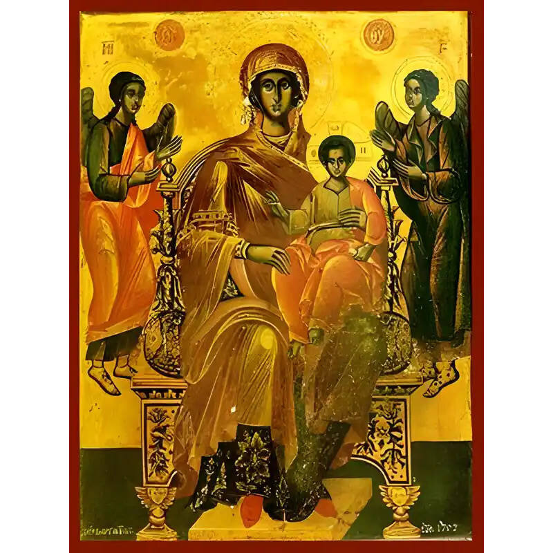 Εικόνα Ορθοδοξίας με περίγραμμα χρυσό σε ξύλο Φλαμουρίας  με  βάση Εικόνα ΠΑΝΑΓΙΑ ΜΕ ΧΡΙΣΤΟ, ΕΝΘΡΟΝΟΣ, ΠΛΑΤΥΤΕΡΑ Χειροποίητη Ελληνορθόδοξη εικόνα του Ιησού Χριστού, Κρεμαστή πλάκα βυζαντινής τέχνης, χριστιανική τέχνη Διάσταση 15x11 cm (5,9x4,3 ίντσες)  INTRAEK-337757864282