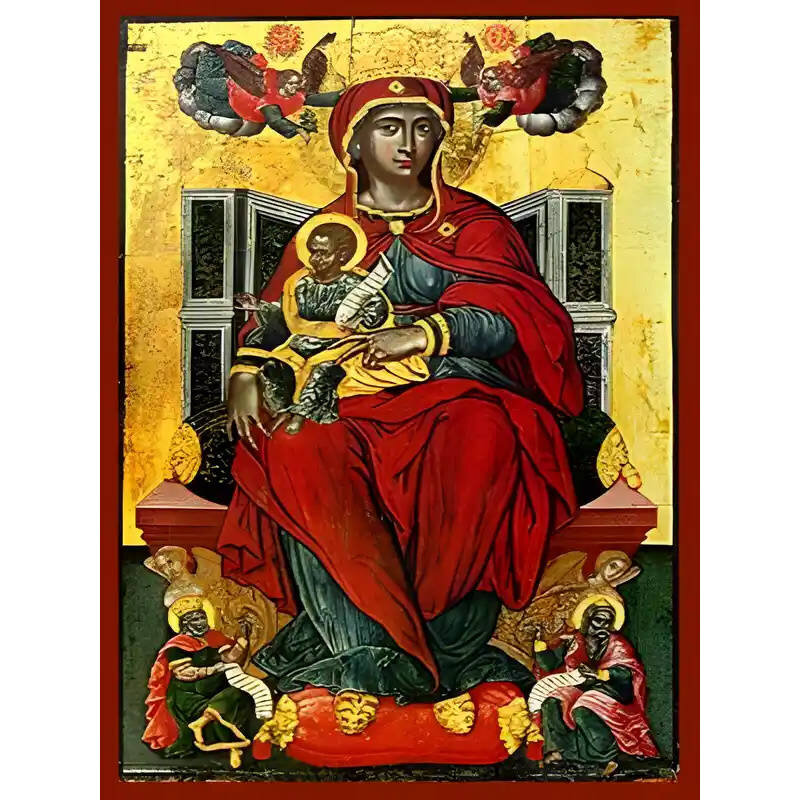 Εικόνα Ορθοδοξίας με περίγραμμα χρυσό σε ξύλο Φλαμουρίας  με  βάση Εικόνα ΠΑΝΑΓΙΑ ΜΕ ΧΡΙΣΤΟ, ΕΝΘΡΟΝΟΣ, ΥΨΗΛΟΤΕΡΑ ΤΩΝ ΟΥΡΑΝΩΝ Χειροποίητη Ελληνορθόδοξη εικόνα του Ιησού Χριστού, Κρεμαστή πλάκα βυζαντινής τέχνης, χριστιανική τέχνη Διάσταση 15x11 cm (5,9x4,3 ίντσες)  INTRAEK-337757864281