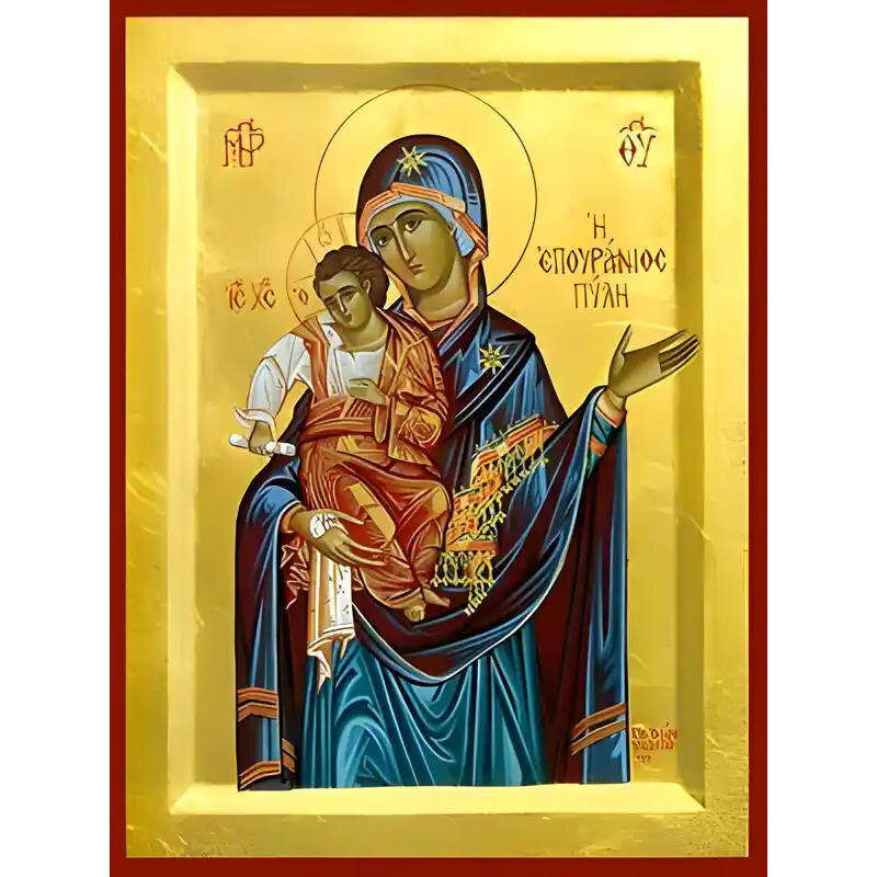 Εικόνα Ορθοδοξίας με περίγραμμα χρυσό σε ξύλο Φλαμουρίας  με  βάση Εικόνα ΠΑΝΑΓΙΑ ΜΕ ΧΡΙΣΤΟ, Η ΕΠΟΥΡΑΝΙΟΣ ΠΥΛΗ Χειροποίητη Ελληνορθόδοξη εικόνα του Ιησού Χριστού, Κρεμαστή πλάκα βυζαντινής τέχνης, χριστιανική τέχνη Διάσταση 15x11 cm (5,9x4,3 ίντσες)  INTRAEK-337757864276