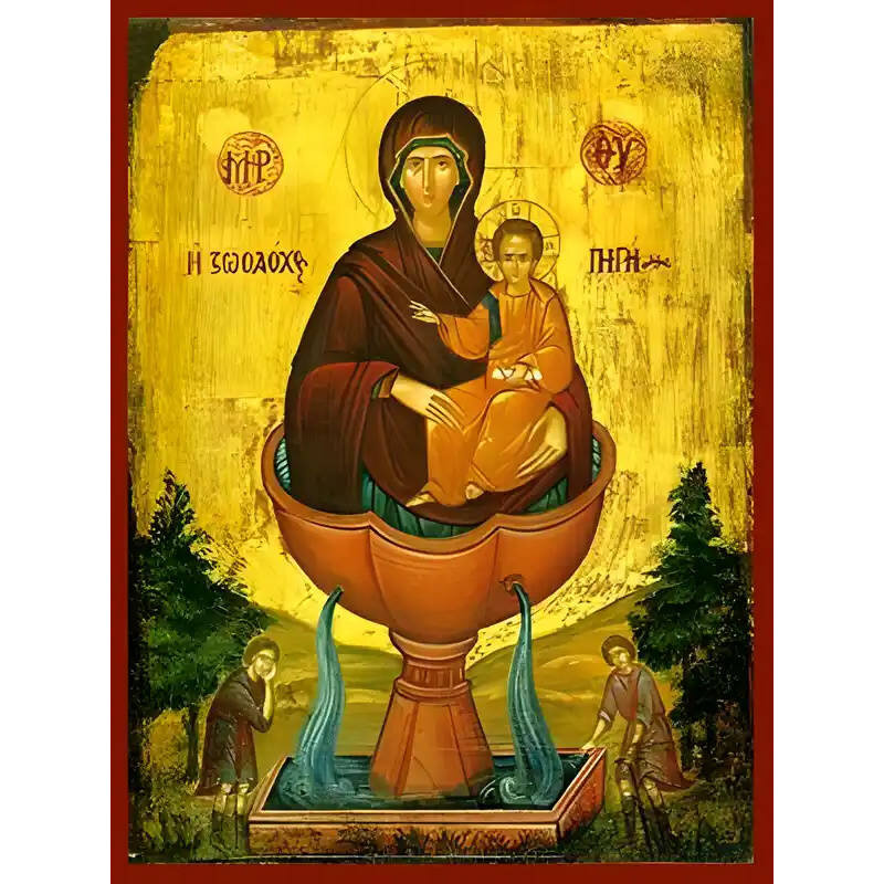 Εικόνα Ορθοδοξίας με περίγραμμα χρυσό σε ξύλο Φλαμουρίας  με  βάση Εικόνα ΠΑΝΑΓΙΑ ΜΕ ΧΡΙΣΤΟ, Η ΖΩΟΔΟΧΟΣ ΠΗΓΗ Χειροποίητη Ελληνορθόδοξη εικόνα του Ιησού Χριστού, Κρεμαστή πλάκα βυζαντινής τέχνης, χριστιανική τέχνη Διάσταση 15x11 cm (5,9x4,3 ίντσες)  INTRAEK-337757864273
