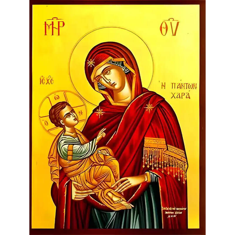 Εικόνα Ορθοδοξίας με περίγραμμα χρυσό σε ξύλο Φλαμουρίας  με  βάση Εικόνα ΠΑΝΑΓΙΑ ΜΕ ΧΡΙΣΤΟ, Η ΠΑΝΤΩΝ ΧΑΡΑ Χειροποίητη Ελληνορθόδοξη εικόνα του Ιησού Χριστού, Κρεμαστή πλάκα βυζαντινής τέχνης, χριστιανική τέχνη Διάσταση 15x11 cm (5,9x4,3 ίντσες)  INTRAEK-337757864268