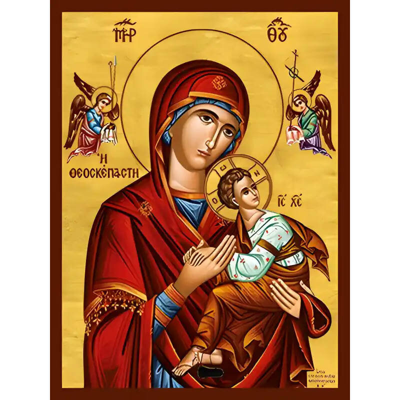 Εικόνα Ορθοδοξίας με περίγραμμα χρυσό σε ξύλο Φλαμουρίας  με  βάση Εικόνα ΠΑΝΑΓΙΑ ΜΕ ΧΡΙΣΤΟ, ΘΕΟΣΚΕΠΑΣΤΗ Χειροποίητη Ελληνορθόδοξη εικόνα του Ιησού Χριστού, Κρεμαστή πλάκα βυζαντινής τέχνης, χριστιανική τέχνη Διάσταση 15x11 cm (5,9x4,3 ίντσες)  INTRAEK-337757864267