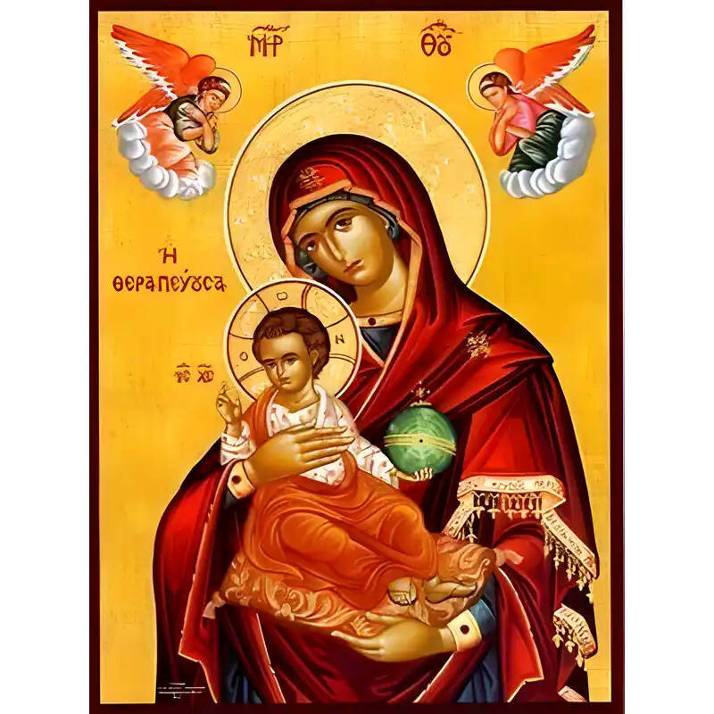 Εικόνα Ορθοδοξίας με περίγραμμα χρυσό σε ξύλο Φλαμουρίας  με  βάση Εικόνα ΠΑΝΑΓΙΑ ΜΕ ΧΡΙΣΤΟ, ΘΕΡΑΠΕΥΟΥΣΑ Χειροποίητη Ελληνορθόδοξη εικόνα του Ιησού Χριστού, Κρεμαστή πλάκα βυζαντινής τέχνης, χριστιανική τέχνη Διάσταση 15x11 cm (5,9x4,3 ίντσες)  INTRAEK-337757864266