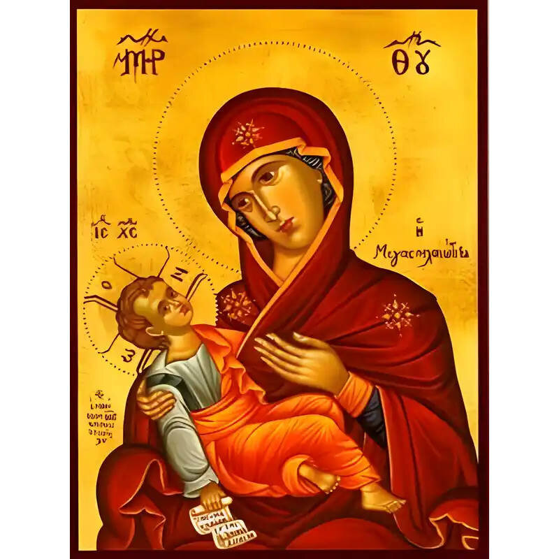 Εικόνα Ορθοδοξίας με περίγραμμα χρυσό σε ξύλο Φλαμουρίας  με  βάση Εικόνα ΠΑΝΑΓΙΑ ΜΕ ΧΡΙΣΤΟ, ΜΕΓΑΣΠΗΛΑΙΩΤΙΣΣΑ Χειροποίητη Ελληνορθόδοξη εικόνα του Ιησού Χριστού, Κρεμαστή πλάκα βυζαντινής τέχνης, χριστιανική τέχνη Διάσταση 15x11 cm (5,9x4,3 ίντσες)  INTRAEK-337757864260