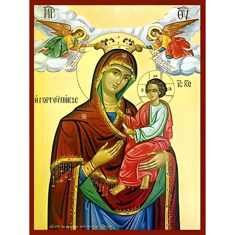 Εικόνα Ορθοδοξίας με περίγραμμα χρυσό σε ξύλο Φλαμουρίας  με  βάση Εικόνα ΠΑΝΑΓΙΑ ΜΕ ΧΡΙΣΤΟ, ΟΔΗΓΗΤΡΙΑ, ΓΟΡΓΟΥΠΗΚΟΟΣ, ΜΕ ΑΓΓΕΛΟΥΣ Χειροποίητη Ελληνορθόδοξη εικόνα του Ιησού Χριστού, Κρεμαστή πλάκα βυζαντινής τέχνης, χριστιανική τέχνη Διάσταση 15x11 cm (5,9x4,3 ίντσες)  INTRAEK-337757863707