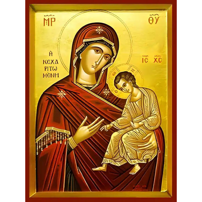 Εικόνα Ορθοδοξίας με περίγραμμα χρυσό σε ξύλο Φλαμουρίας  με  βάση Εικόνα ΠΑΝΑΓΙΑ ΜΕ ΧΡΙΣΤΟ, ΟΔΗΓΗΤΡΙΑ, ΚΕΧΑΡΙΤΩΜΕΝΗ Χειροποίητη Ελληνορθόδοξη εικόνα του Ιησού Χριστού, Κρεμαστή πλάκα βυζαντινής τέχνης, χριστιανική τέχνη Διάσταση 15x11 cm (5,9x4,3 ίντσες)  INTRAEK-337757864233