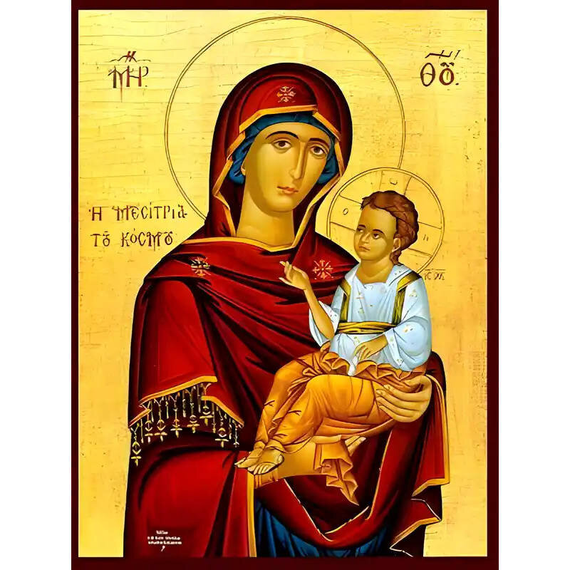 Εικόνα Ορθοδοξίας με περίγραμμα χρυσό σε ξύλο Φλαμουρίας  με  βάση Εικόνα ΠΑΝΑΓΙΑ ΜΕ ΧΡΙΣΤΟ, ΟΔΗΓΗΤΡΙΑ, ΜΕΣΙΤΡΙΑ ΤΟΥ ΚΟΣΜΟΥ Χειροποίητη Ελληνορθόδοξη εικόνα του Ιησού Χριστού, Κρεμαστή πλάκα βυζαντινής τέχνης, χριστιανική τέχνη Διάσταση 15x11 cm (5,9x4,3 ίντσες)  INTRAEK-337757864230