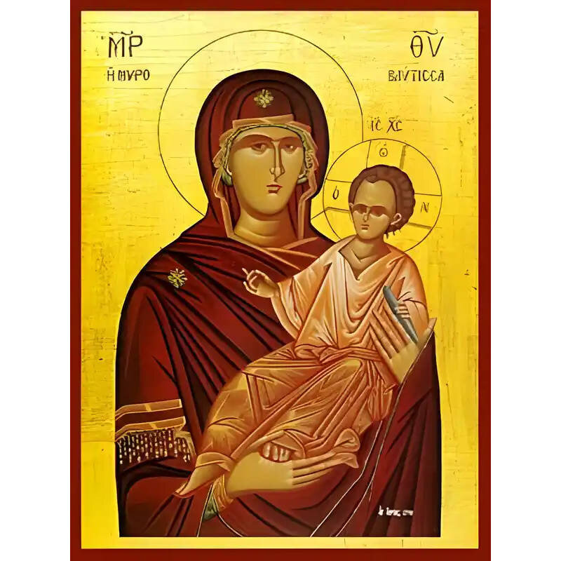 Εικόνα Ορθοδοξίας με περίγραμμα χρυσό σε ξύλο Φλαμουρίας  με  βάση Εικόνα ΠΑΝΑΓΙΑ ΜΕ ΧΡΙΣΤΟ, ΟΔΗΓΗΤΡΙΑ, ΜΥΡΟΒΛΥΤΙΣΣΑ Χειροποίητη Ελληνορθόδοξη εικόνα του Ιησού Χριστού, Κρεμαστή πλάκα βυζαντινής τέχνης, χριστιανική τέχνη Διάσταση 15x11 cm (5,9x4,3 ίντσες)  INTRAEK-337757864229