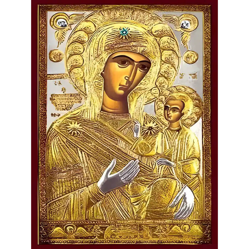 Εικόνα Ορθοδοξίας με περίγραμμα χρυσό σε ξύλο Φλαμουρίας  με  βάση Εικόνα ΠΑΝΑΓΙΑ ΜΕ ΧΡΙΣΤΟ, ΟΔΗΓΗΤΡΙΑ, ΠΡΟΥΣΙΩΤΙΣΣΑ Χειροποίητη Ελληνορθόδοξη εικόνα του Ιησού Χριστού, Κρεμαστή πλάκα βυζαντινής τέχνης, χριστιανική τέχνη Διάσταση 15x11 cm (5,9x4,3 ίντσες)  INTRAEK-337757864219