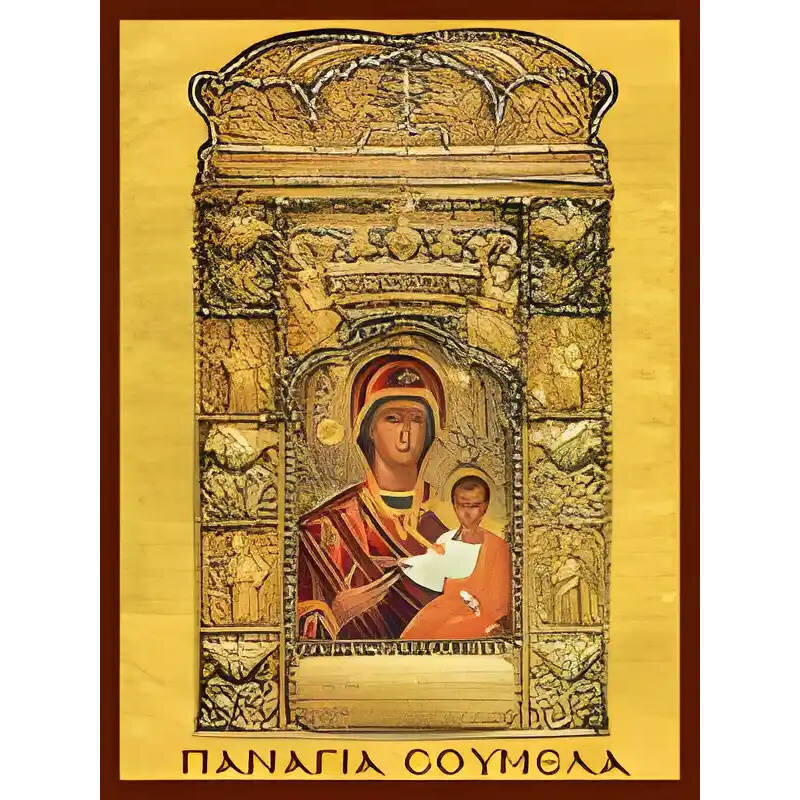 Εικόνα Ορθοδοξίας με περίγραμμα χρυσό σε ξύλο Φλαμουρίας  με  βάση Εικόνα ΠΑΝΑΓΙΑ ΜΕ ΧΡΙΣΤΟ, ΟΔΗΓΗΤΡΙΑ, ΣΟΥΜΕΛΑ Χειροποίητη Ελληνορθόδοξη εικόνα του Ιησού Χριστού, Κρεμαστή πλάκα βυζαντινής τέχνης, χριστιανική τέχνη Διάσταση 15x11 cm (5,9x4,3 ίντσες)  INTRAEK-337757863703