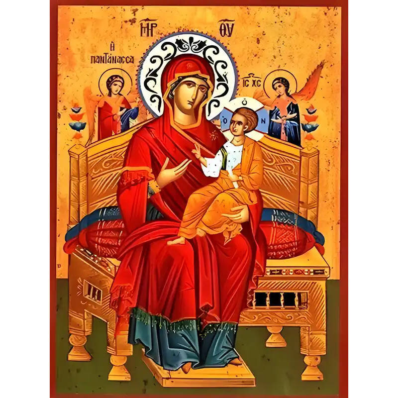 Εικόνα Ορθοδοξίας με περίγραμμα χρυσό σε ξύλο Φλαμουρίας  με  βάση Εικόνα ΠΑΝΑΓΙΑ ΜΕ ΧΡΙΣΤΟ, ΠΑΝΤΑΝΑΣΣΑ, ΕΝΘΡΟΝΟΣ, ΑΝΤΙΓΡΑΦΟΝ ΙΕΡΑΣ ΜΟΝΗΣ ΒΑΤΟΠΑΙΔΙΟΥ Χειροποίητη Ελληνορθόδοξη εικόνα του Ιησού Χριστού, Κρεμαστή πλάκα βυζαντινής τέχνης, χριστιανική τέχνη Διάσταση 15x11 cm (5,9x4,3 ίντσες)  INTRAEK-337757863702