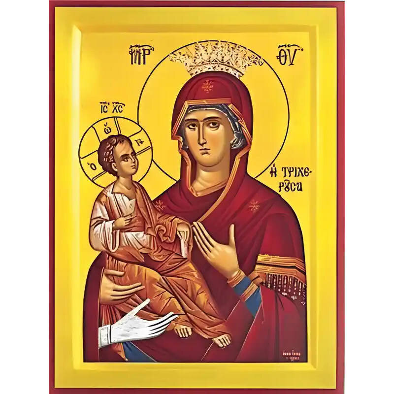 Εικόνα Ορθοδοξίας με περίγραμμα χρυσό σε ξύλο Φλαμουρίας  με  βάση Εικόνα ΠΑΝΑΓΙΑ ΜΕ ΧΡΙΣΤΟ, ΤΡΙΧΕΡΟΥΣΑ Χειροποίητη Ελληνορθόδοξη εικόνα του Ιησού Χριστού, Κρεμαστή πλάκα βυζαντινής τέχνης, χριστιανική τέχνη Διάσταση 15x11 cm (5,9x4,3 ίντσες)  INTRAEK-337757864191