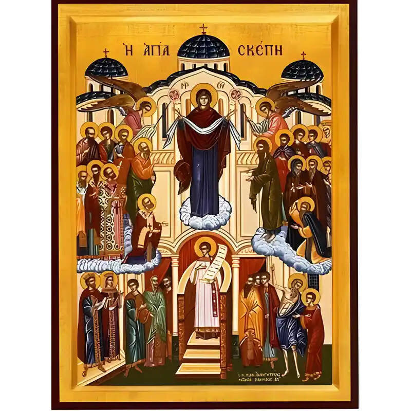 Εικόνα Ορθοδοξίας με περίγραμμα χρυσό σε ξύλο Φλαμουρίας  με  βάση Εικόνα ΠΑΝΑΓΙΑ, Η ΑΓΙΑ ΣΚΕΠΗ, ΟΛΟΣΩΜΗ Χειροποίητη Ελληνορθόδοξη εικόνα του Ιησού Χριστού, Κρεμαστή πλάκα βυζαντινής τέχνης, χριστιανική τέχνη Διάσταση 15x11 cm (5,9x4,3 ίντσες)  INTRAEK-337757864181