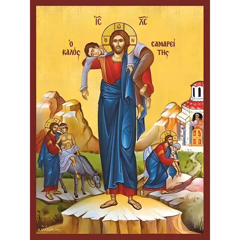 Εικόνα Ορθοδοξίας με περίγραμμα χρυσό σε ξύλο Φλαμουρίας  με  βάση Εικόνα ΠΑΡΑΒΟΛΗ ΤΟΥ ΚΑΛΟΥ ΣΑΜΑΡΕΙΤΟΥ Χειροποίητη Ελληνορθόδοξη εικόνα του Ιησού Χριστού, Κρεμαστή πλάκα βυζαντινής τέχνης, χριστιανική τέχνη Διάσταση 15x11 cm (5,9x4,3 ίντσες)  INTRAEK-337757864171