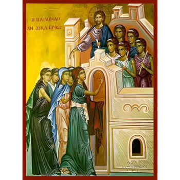 Εικόνα Ορθοδοξίας με περίγραμμα χρυσό σε ξύλο Φλαμουρίας  με  βάση Εικόνα ΠΑΡΑΒΟΛΗ ΤΩΝ ΔΕΚΑ ΠΑΡΘΕΝΩΝ Χειροποίητη Ελληνορθόδοξη εικόνα του Ιησού Χριστού, Κρεμαστή πλάκα βυζαντινής τέχνης, χριστιανική τέχνη Διάσταση 15x11 cm (5,9x4,3 ίντσες)  INTRAEK-337757864170 - Image 1