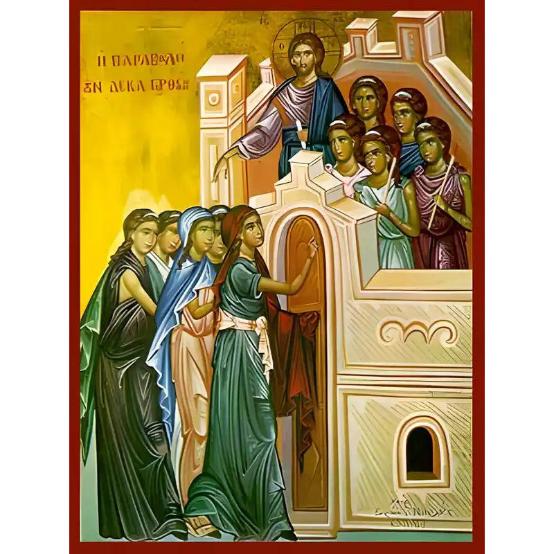 Εικόνα Ορθοδοξίας με περίγραμμα χρυσό σε ξύλο Φλαμουρίας  με  βάση Εικόνα ΠΑΡΑΒΟΛΗ ΤΩΝ ΔΕΚΑ ΠΑΡΘΕΝΩΝ Χειροποίητη Ελληνορθόδοξη εικόνα του Ιησού Χριστού, Κρεμαστή πλάκα βυζαντινής τέχνης, χριστιανική τέχνη Διάσταση 15x11 cm (5,9x4,3 ίντσες)  INTRAEK-337757864170