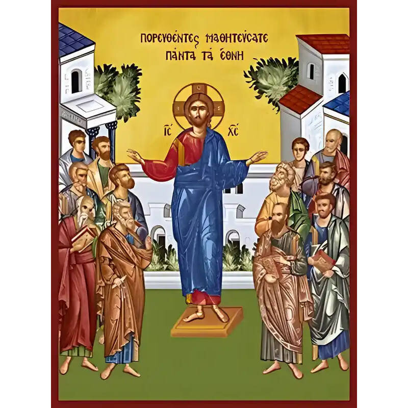 Εικόνα Ορθοδοξίας με περίγραμμα χρυσό σε ξύλο Φλαμουρίας  με  βάση Εικόνα ΠΟΡΕΥΘΕΝΤΕΣ ΜΑΘΗΤΕΥΣΑΤΕ ΠΑΝΤΑ ΤΑ ΕΘΝΗ Χειροποίητη Ελληνορθόδοξη εικόνα του Ιησού Χριστού, Κρεμαστή πλάκα βυζαντινής τέχνης, χριστιανική τέχνη Διάσταση 15x11 cm (5,9x4,3 ίντσες)  INTRAEK-337757864167