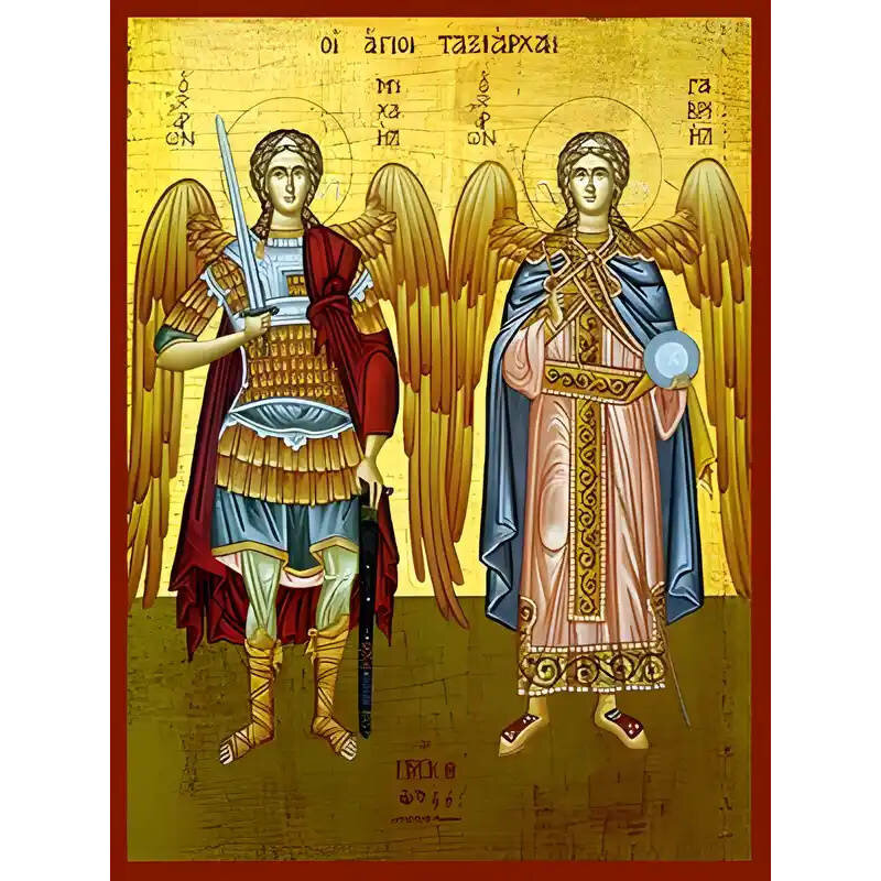 Εικόνα Ορθοδοξίας με περίγραμμα χρυσό σε ξύλο Φλαμουρίας  με  βάση Εικόνα ΣΥΝΑΞΙΣ ΑΡΧΑΓΓΕΛΩΝ ΜΙΧΑΗΛ ΚΑΙ ΓΑΒΡΙΗΛ, ΟΛΟΣΩΜΟΙ Χειροποίητη Ελληνορθόδοξη εικόνα του Ιησού Χριστού, Κρεμαστή πλάκα βυζαντινής τέχνης, χριστιανική τέχνη Διάσταση 15x11 cm (5,9x4,3 ίντσες)  INTRAEK-337757864127