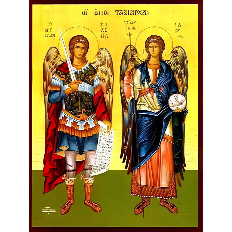 Εικόνα Ορθοδοξίας με περίγραμμα χρυσό σε ξύλο Φλαμουρίας  με  βάση Εικόνα ΣΥΝΑΞΙΣ ΑΡΧΑΓΓΕΛΩΝ ΜΙΧΑΗΛ ΚΑΙ ΓΑΒΡΙΗΛ, ΟΛΟΣΩΜΟΙ Χειροποίητη Ελληνορθόδοξη εικόνα του Ιησού Χριστού, Κρεμαστή πλάκα βυζαντινής τέχνης, χριστιανική τέχνη Διάσταση 15x11 cm (5,9x4,3 ίντσες)  INTRAEK-337757864126