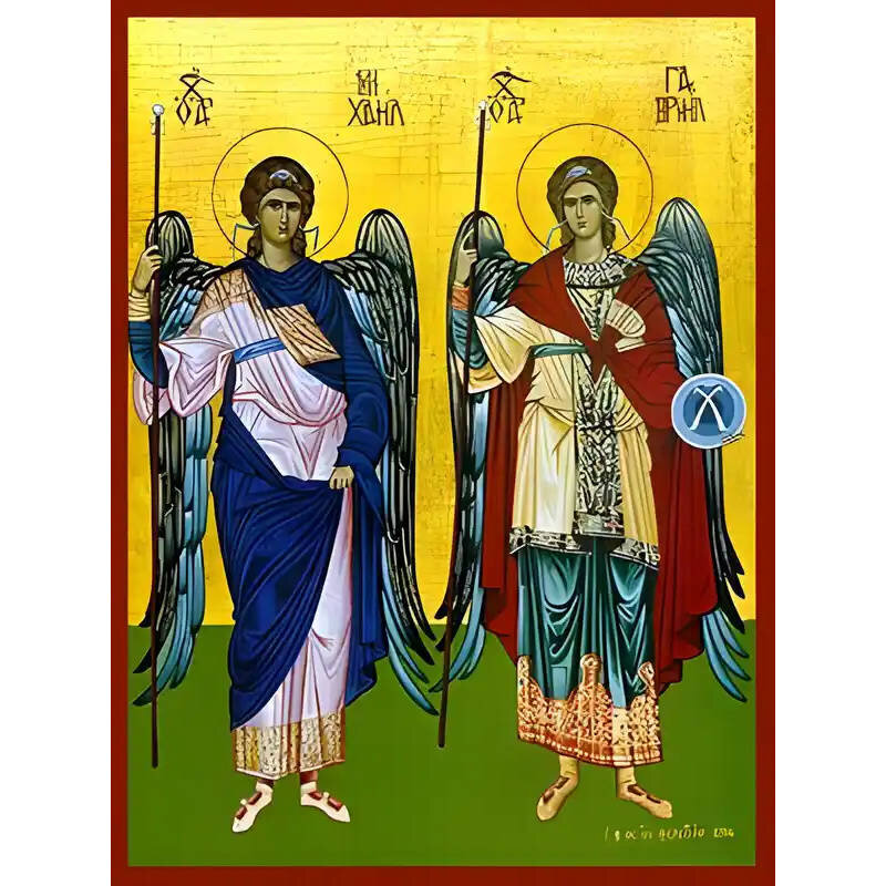 Εικόνα Ορθοδοξίας με περίγραμμα χρυσό σε ξύλο Φλαμουρίας  με  βάση Εικόνα ΣΥΝΑΞΙΣ ΑΡΧΑΓΓΕΛΩΝ ΜΙΧΑΗΛ ΚΑΙ ΓΑΒΡΙΗΛ, ΟΛΟΣΩΜΟΙ Χειροποίητη Ελληνορθόδοξη εικόνα του Ιησού Χριστού, Κρεμαστή πλάκα βυζαντινής τέχνης, χριστιανική τέχνη Διάσταση 15x11 cm (5,9x4,3 ίντσες)  INTRAEK-337757864125