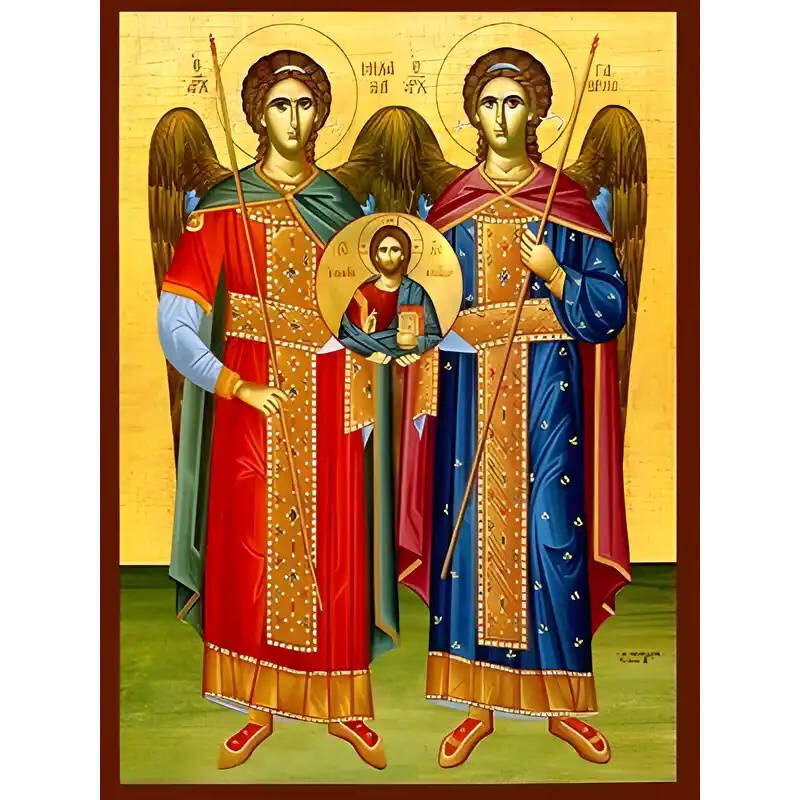 Εικόνα Ορθοδοξίας με περίγραμμα χρυσό σε ξύλο Φλαμουρίας  με  βάση Εικόνα ΣΥΝΑΞΙΣ ΑΡΧΑΓΓΕΛΩΝ ΜΙΧΑΗΛ ΚΑΙ ΓΑΒΡΙΗΛ, ΟΛΟΣΩΜΟΙ Χειροποίητη Ελληνορθόδοξη εικόνα του Ιησού Χριστού, Κρεμαστή πλάκα βυζαντινής τέχνης, χριστιανική τέχνη Διάσταση 15x11 cm (5,9x4,3 ίντσες)  INTRAEK-337757864124