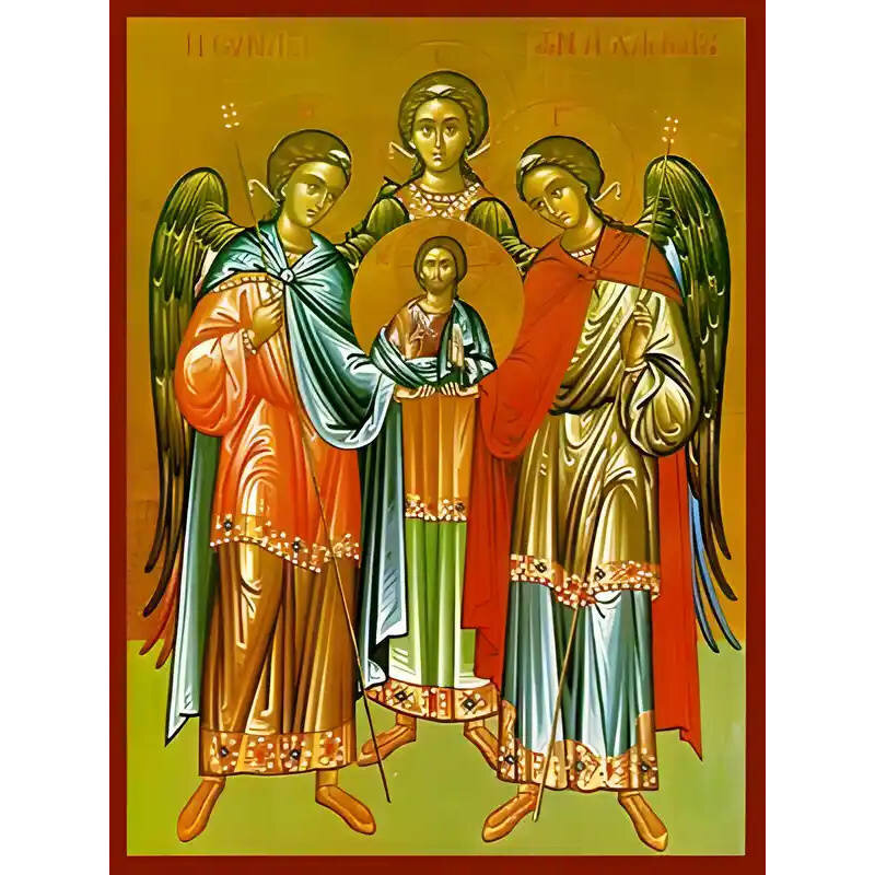 Εικόνα Ορθοδοξίας με περίγραμμα χρυσό σε ξύλο Φλαμουρίας  με  βάση Εικόνα ΣΥΝΑΞΙΣ ΑΡΧΑΓΓΕΛΩΝ ΜΙΧΑΗΛ, ΓΑΒΡΙΗΛ ΚΑΙ ΡΑΦΑΗΛ, ΟΛΟΣΩΜΟΙ Χειροποίητη Ελληνορθόδοξη εικόνα του Ιησού Χριστού, Κρεμαστή πλάκα βυζαντινής τέχνης, χριστιανική τέχνη Διάσταση 15x11 cm (5,9x4,3 ίντσες)  INTRAEK-337757864122