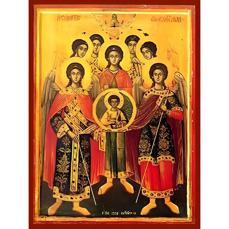 Εικόνα Ορθοδοξίας με περίγραμμα χρυσό σε ξύλο Φλαμουρίας  με  βάση Εικόνα ΣΥΝΑΞΙΣ ΑΡΧΑΓΓΕΛΩΝ, ΜΙΧΑΗΛ, ΓΑΒΡΙΗΛ, ΡΑΦΑΗΛ, ΟΥΡΙΗΛ, ΣΕΛΑΦΙΗΛ (Η ΣΑΛΑΘΙΗΛ), ΙΕΓΟΥΔΙΗΛ, ΚΑΙ ΒΑΡΑΧΙΗΛ, ΟΛΟΣΩΜΟΙ Χειροποίητη Ελληνορθόδοξη εικόνα του Ιησού Χριστού, Κρεμαστή πλάκα βυζαντινής τέχνης, χριστιανική τέχνη Διάσταση 15x11 cm (5,9x4,3 ίντσες)  INTRAEK-337757864121