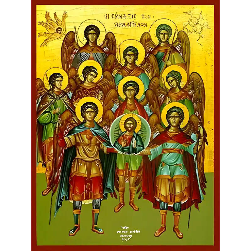 Εικόνα Ορθοδοξίας με περίγραμμα χρυσό σε ξύλο Φλαμουρίας  με  βάση Εικόνα ΣΥΝΑΞΙΣ ΑΡΧΑΓΓΕΛΩΝ, ΟΛΟΣΩΜΟΙ Χειροποίητη Ελληνορθόδοξη εικόνα του Ιησού Χριστού, Κρεμαστή πλάκα βυζαντινής τέχνης, χριστιανική τέχνη Διάσταση 15x11 cm (5,9x4,3 ίντσες)  INTRAEK-337757864120