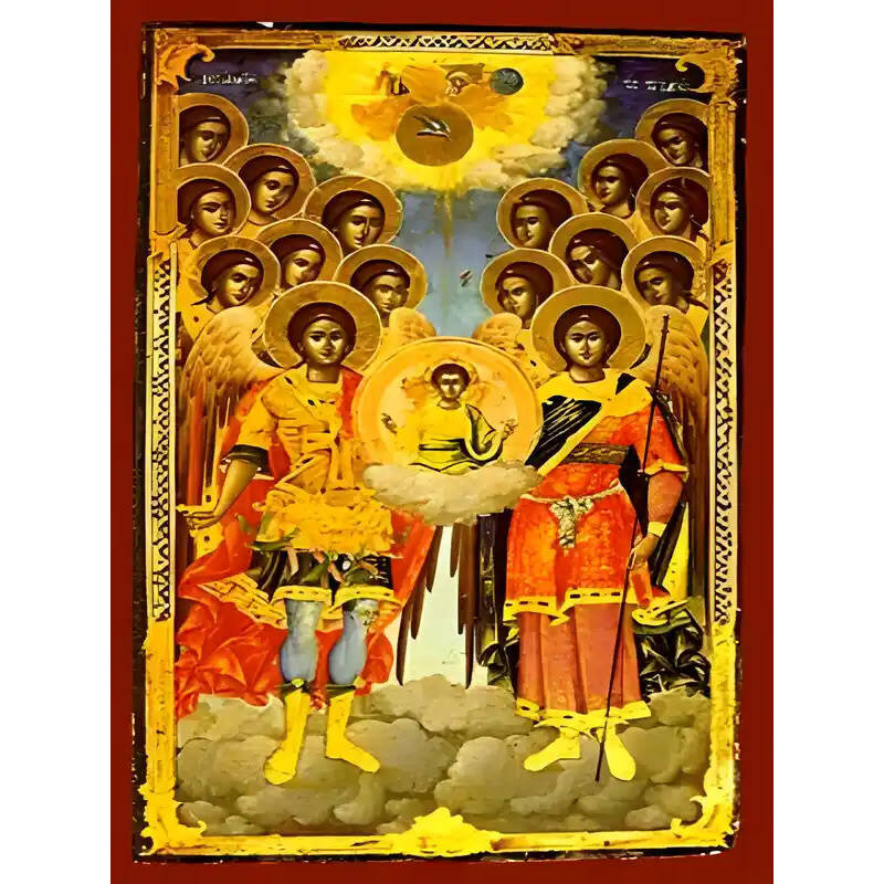 Εικόνα Ορθοδοξίας με περίγραμμα χρυσό σε ξύλο Φλαμουρίας  με  βάση Εικόνα ΣΥΝΑΞΙΣ ΤΑΞΙΑΡΧΩΝ, ΟΛΟΣΩΜΟΙ Χειροποίητη Ελληνορθόδοξη εικόνα του Ιησού Χριστού, Κρεμαστή πλάκα βυζαντινής τέχνης, χριστιανική τέχνη Διάσταση 15x11 cm (5,9x4,3 ίντσες)  INTRAEK-337757864119
