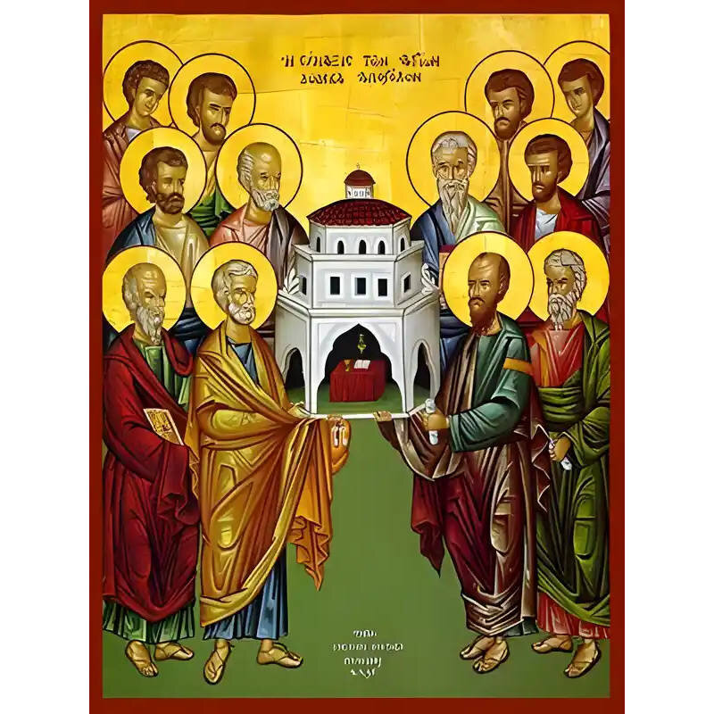 Εικόνα Ορθοδοξίας με περίγραμμα χρυσό σε ξύλο Φλαμουρίας  με  βάση Εικόνα ΣΥΝΑΞΙΣ ΤΩΝ ΑΓΙΩΝ ΔΩΔΕΚΑ ΑΠΟΣΤΟΛΩΝ Χειροποίητη Ελληνορθόδοξη εικόνα του Ιησού Χριστού, Κρεμαστή πλάκα βυζαντινής τέχνης, χριστιανική τέχνη Διάσταση 15x11 cm (5,9x4,3 ίντσες)  INTRAEK-337757863689