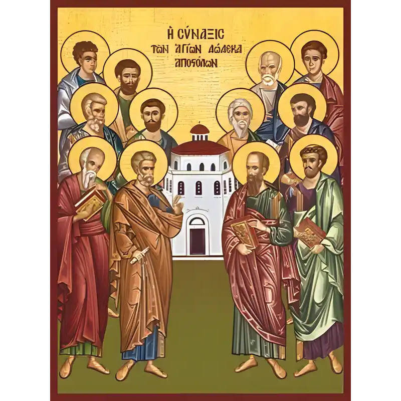 Εικόνα Ορθοδοξίας με περίγραμμα χρυσό σε ξύλο Φλαμουρίας  με  βάση Εικόνα ΣΥΝΑΞΙΣ ΤΩΝ ΑΓΙΩΝ ΔΩΔΕΚΑ ΑΠΟΣΤΟΛΩΝ Χειροποίητη Ελληνορθόδοξη εικόνα του Ιησού Χριστού, Κρεμαστή πλάκα βυζαντινής τέχνης, χριστιανική τέχνη Διάσταση 15x11 cm (5,9x4,3 ίντσες)  INTRAEK-337757864117