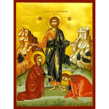 Εικόνα Ορθοδοξίας με περίγραμμα χρυσό σε ξύλο Φλαμουρίας  με  βάση Εικόνα ΤΟ ΧΑΙΡΕ ΤΩΝ ΜΥΡΟΦΟΡΩΝ Χειροποίητη Ελληνορθόδοξη εικόνα του Ιησού Χριστού, Κρεμαστή πλάκα βυζαντινής τέχνης, χριστιανική τέχνη Διάσταση 15x11 cm (5,9x4,3 ίντσες)  INTRAEK-337757864106 - Image 1