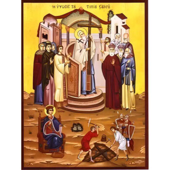 Εικόνα Ορθοδοξίας με περίγραμμα χρυσό σε ξύλο Φλαμουρίας με βάση Εικόνα ΥΨΩΣΙΣ ΚΑΙ ΕΥΡΕΣΙΣ ΤΙΜΙΟΥ ΣΤΑΥΡΟΥ Χειροποίητη Ελληνορθόδοξη εικόνα του Ιησού Χριστού, Κρεμαστή πλάκα βυζαντινής τέχνης, χριστιανική τέχνη Διάσταση 15x11 cm (5,9x4,3 ίντσες) INTRAEK-337757864103 - Image 1