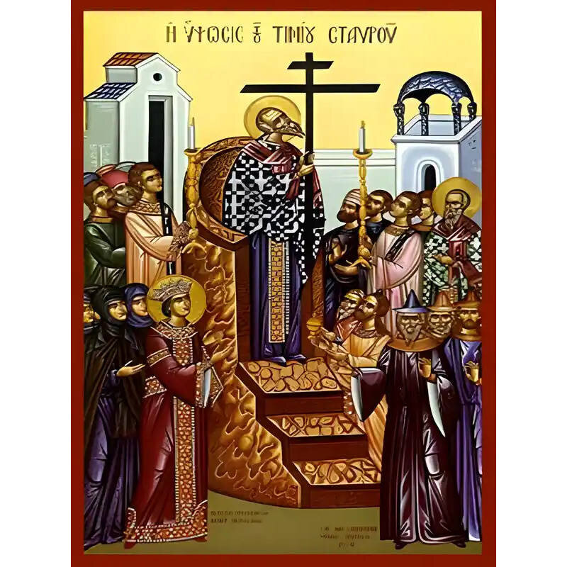 Εικόνα Ορθοδοξίας με περίγραμμα χρυσό σε ξύλο Φλαμουρίας  με  βάση Εικόνα ΥΨΩΣΙΣ ΤΙΜΙΟΥ ΣΤΑΥΡΟΥ Χειροποίητη Ελληνορθόδοξη εικόνα του Ιησού Χριστού, Κρεμαστή πλάκα βυζαντινής τέχνης, χριστιανική τέχνη Διάσταση 15x11 cm (5,9x4,3 ίντσες)  INTRAEK-337757864102