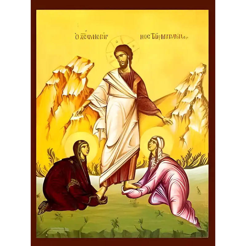 Εικόνα Ορθοδοξίας με περίγραμμα χρυσό σε ξύλο Φλαμουρίας  με  βάση Εικόνα ΦΑΝΕΡΟΥΜΕΝΟΣ ΤΑΙΣ ΜΥΡΟΦΟΡΟΙΣ Χειροποίητη Ελληνορθόδοξη εικόνα του Ιησού Χριστού, Κρεμαστή πλάκα βυζαντινής τέχνης, χριστιανική τέχνη Διάσταση 15x11 cm (5,9x4,3 ίντσες)  INTRAEK-337757864100