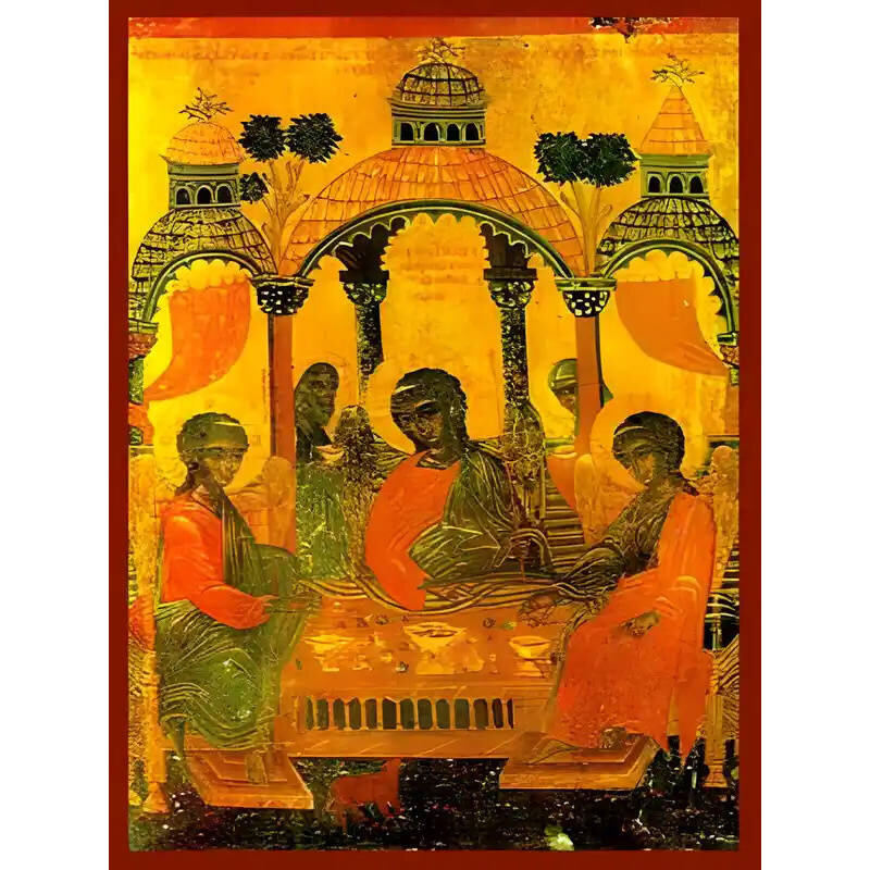 Εικόνα Ορθοδοξίας με περίγραμμα χρυσό σε ξύλο Φλαμουρίας  με  βάση Εικόνα ΦΙΛΟΞΕΝΙΑ ΤΟΥ ΑΒΡΑΑΜ Χειροποίητη Ελληνορθόδοξη εικόνα του Ιησού Χριστού, Κρεμαστή πλάκα βυζαντινής τέχνης, χριστιανική τέχνη Διάσταση 15x11 cm (5,9x4,3 ίντσες)  INTRAEK-337757864099