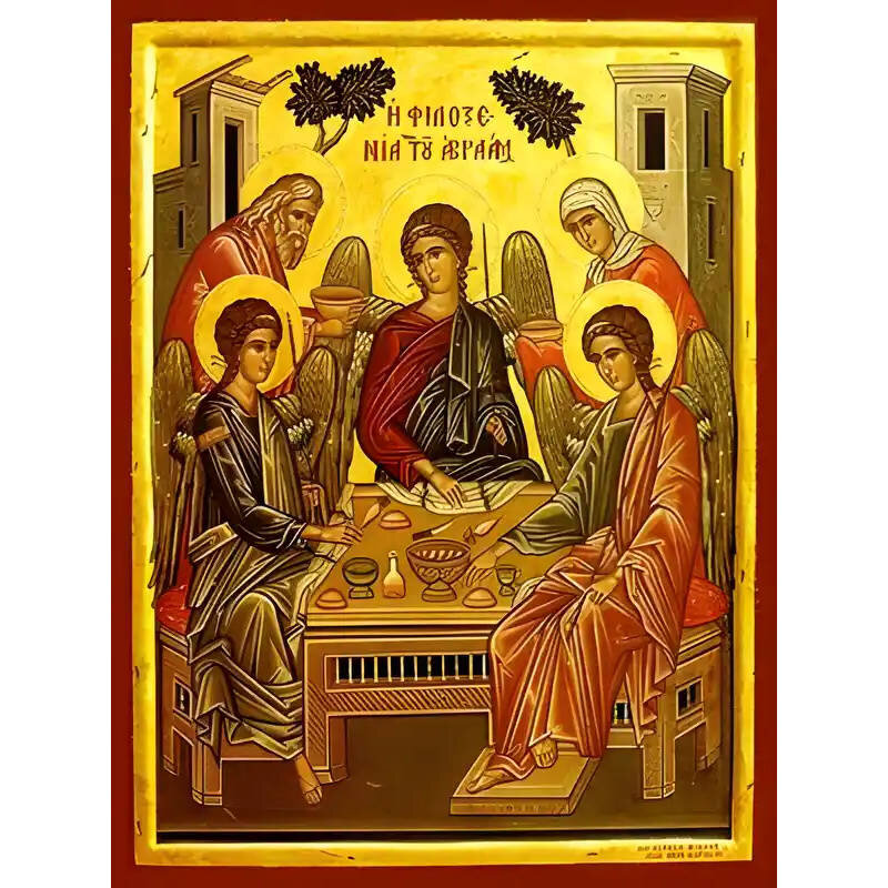 Εικόνα Ορθοδοξίας με περίγραμμα χρυσό σε ξύλο Φλαμουρίας  με  βάση Εικόνα ΦΙΛΟΞΕΝΙΑ ΤΟΥ ΑΒΡΑΑΜ Χειροποίητη Ελληνορθόδοξη εικόνα του Ιησού Χριστού, Κρεμαστή πλάκα βυζαντινής τέχνης, χριστιανική τέχνη Διάσταση 15x11 cm (5,9x4,3 ίντσες)  INTRAEK-337757864098