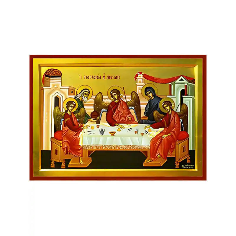 Εικόνα Ορθοδοξίας με περίγραμμα χρυσό σε ξύλο Φλαμουρίας  με  βάση Εικόνα ΦΙΛΟΞΕΝΙΑ ΤΟΥ ΑΒΡΑΑΜ Χειροποίητη Ελληνορθόδοξη εικόνα του Ιησού Χριστού, Κρεμαστή πλάκα βυζαντινής τέχνης, χριστιανική τέχνη Διάσταση 15x11 cm (5,9x4,3 ίντσες)  INTRAEK-337757864096