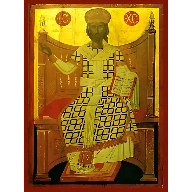 Εικόνα Ορθοδοξίας με περίγραμμα χρυσό σε ξύλο Φλαμουρίας  με  βάση Εικόνα ΧΡΙΣΤΟΣ ΕΥΛΟΓΩΝ, ΒΑΣΙΛΕΥΣ ΤΩΝ ΒΑΣΙΛΕΥΟΝΤΩΝ ΚΑΙ ΜΕΓΑΣ ΑΡΧΙΕΡΕΥΣ, ΕΝΘΡΟΝΟΣ Χειροποίητη Ελληνορθόδοξη εικόνα του Ιησού Χριστού, Κρεμαστή πλάκα βυζαντινής τέχνης, χριστιανική τέχνη Διάσταση 15x11 cm (5,9x4,3 ίντσες)  INTRAEK-337757864069