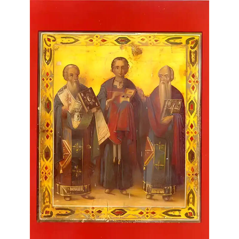 Εικόνα Ορθοδοξίας με περίγραμμα χρυσό σε ξύλο Φλαμουρίας  με  βάση Εικόνα ΑΓΙΟΙ ΑΝΤΙΠΑΣ, ΠΑΝΤΕΛΕΗΜΩΝ ΚΑΙ ΧΑΡΑΛΑΜΠΟΣ, ΟΛΟΣΩΜΟΙ Χειροποίητη Ελληνορθόδοξη εικόνα του Ιησού Χριστού, Κρεμαστή πλάκα βυζαντινής τέχνης, χριστιανική τέχνη Διάσταση 15x11 cm (5,9x4,3 ίντσες)  INTRAEK-337757864000