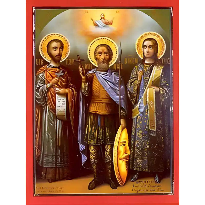 Εικόνα Ορθοδοξίας με περίγραμμα χρυσό σε ξύλο Φλαμουρίας  με  βάση Εικόνα ΑΓΙΟΙ ΒΙΚΤΩΡ ΔΑΜΑΣΚΟΥ, ΜΗΝΑΣ ΑΙΓΥΠΤΟΥ ΚΑΙ ΒΙΚΕΝΤΙΟΣ ΙΣΠΑΝΙΑΣ, ΟΛΟΣΩΜΟΙ Χειροποίητη Ελληνορθόδοξη εικόνα του Ιησού Χριστού, Κρεμαστή πλάκα βυζαντινής τέχνης, χριστιανική τέχνη Διάσταση 15x11 cm (5,9x4,3 ίντσες)  INTRAEK-337757863997