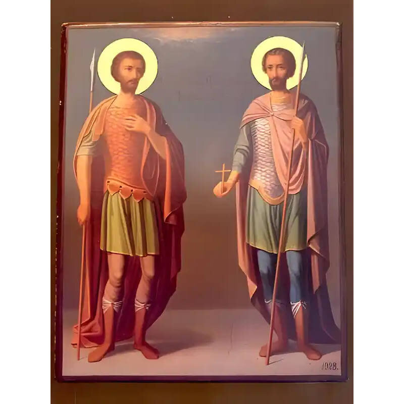 Εικόνα Ορθοδοξίας με περίγραμμα χρυσό σε ξύλο Φλαμουρίας  με  βάση Εικόνα ΑΓΙΟΙ ΘΕΟΔΩΡΟΙ ΜΕΓΑΛΟΜΑΡΤΥΡΕΣ ΤΗΡΩΝ ΚΑΙ ΣΤΡΑΤΗΛΑΤΗΣ, ΟΛΟΣΩΜΟΙ Χειροποίητη Ελληνορθόδοξη εικόνα του Ιησού Χριστού, Κρεμαστή πλάκα βυζαντινής τέχνης, χριστιανική τέχνη Διάσταση 15x11 cm (5,9x4,3 ίντσες)  INTRAEK-337757863995