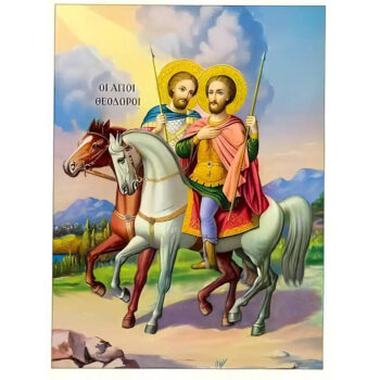 Εικόνα Ορθοδοξίας με περίγραμμα χρυσό σε ξύλο Φλαμουρίας με βάση Εικόνα ΑΓΙΟΙ ΘΕΟΔΩΡΟΙ ΤΗΡΩΝ ΚΑΙ ΣΤΡΑΤΗΛΑΤΗΣ ΟΙ ΜΕΓΑΛΟΜΑΡΤΥΡΕΣ, ΕΦΙΠΠΟΙ Χειροποίητη Ελληνορθόδοξη εικόνα του Ιησού Χριστού, Κρεμαστή πλάκα βυζαντινής τέχνης, χριστιανική τέχνη Διάσταση 15x11 cm (5,9x4,3 ίντσες) INTRAEK-337757863994 - Image 1