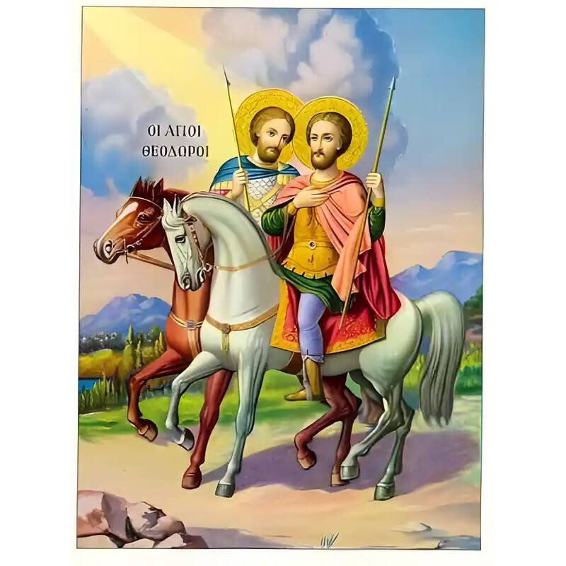 Εικόνα Ορθοδοξίας με περίγραμμα χρυσό σε ξύλο Φλαμουρίας  με  βάση Εικόνα ΑΓΙΟΙ ΘΕΟΔΩΡΟΙ ΤΗΡΩΝ ΚΑΙ ΣΤΡΑΤΗΛΑΤΗΣ ΟΙ ΜΕΓΑΛΟΜΑΡΤΥΡΕΣ, ΕΦΙΠΠΟΙ Χειροποίητη Ελληνορθόδοξη εικόνα του Ιησού Χριστού, Κρεμαστή πλάκα βυζαντινής τέχνης, χριστιανική τέχνη Διάσταση 15x11 cm (5,9x4,3 ίντσες)  INTRAEK-337757863994