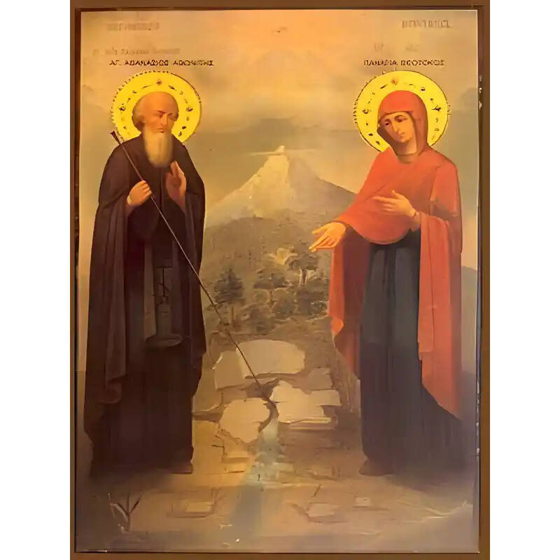 Εικόνα Ορθοδοξίας με περίγραμμα χρυσό σε ξύλο Φλαμουρίας  με  βάση Εικόνα ΑΓΙΟΣ ΑΘΑΝΑΣΙΟΣ ΑΘΩΝΙΤΗΣ ΚΑΙ ΤΟ ΘΑΥΜΑ ΤΗΣ ΠΑΝΑΓΙΑΣ Χειροποίητη Ελληνορθόδοξη εικόνα του Ιησού Χριστού, Κρεμαστή πλάκα βυζαντινής τέχνης, χριστιανική τέχνη Διάσταση 15x11 cm (5,9x4,3 ίντσες)  INTRAEK-337757863987