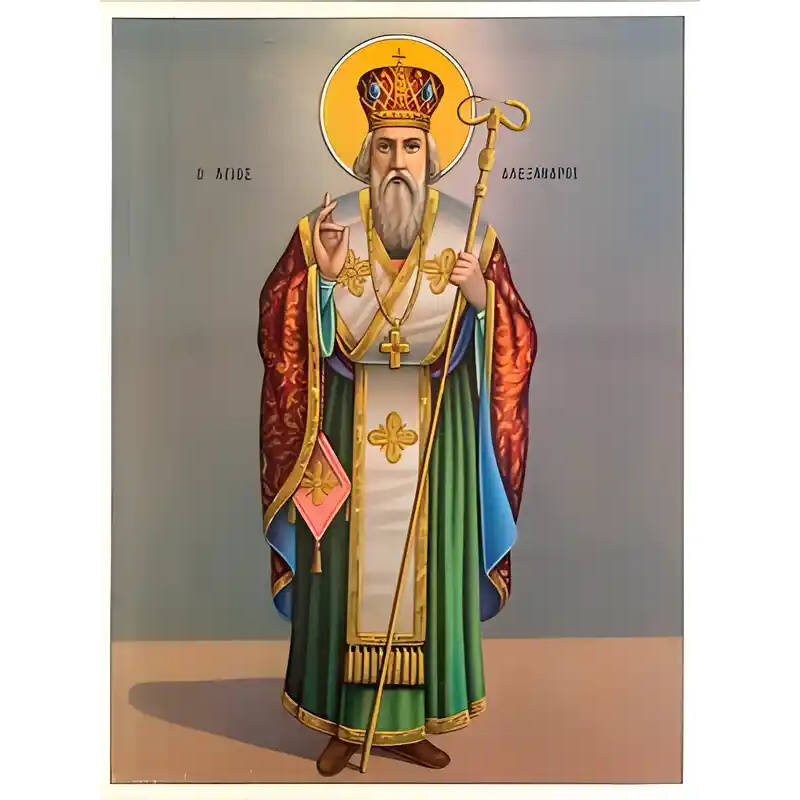 Εικόνα Ορθοδοξίας με περίγραμμα χρυσό σε ξύλο Φλαμουρίας  με  βάση Εικόνα ΑΓΙΟΣ ΑΛΕΞΑΝΔΡΟΣ ΠΑΤΡΙΑΡΧΗΣ ΚΩΝ/ΠΟΛΕΩΣ, ΟΛΟΣΩΜΟΣ Χειροποίητη Ελληνορθόδοξη εικόνα του Ιησού Χριστού, Κρεμαστή πλάκα βυζαντινής τέχνης, χριστιανική τέχνη Διάσταση 15x11 cm (5,9x4,3 ίντσες)  INTRAEK-337757863983